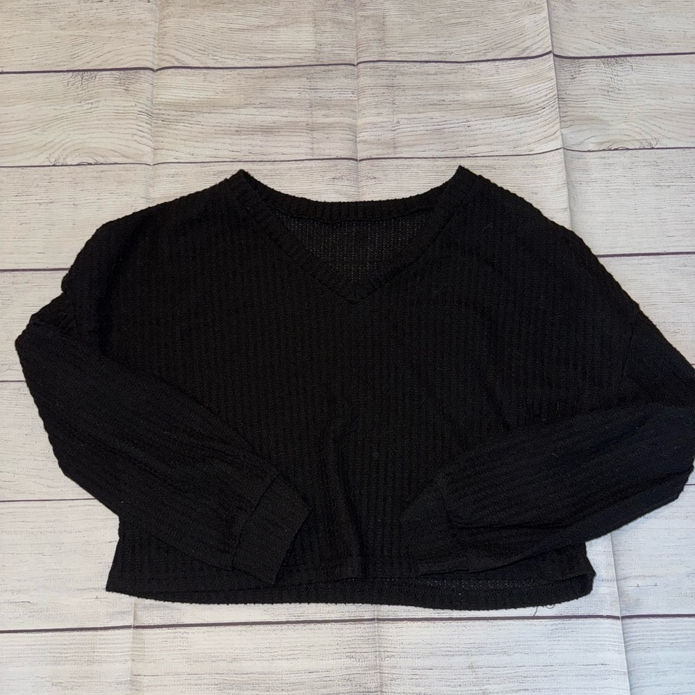 Women's Crop Vneck Waffle Knit Long Sleeve